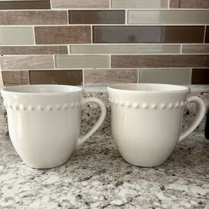 Pottery Barn Emma Beaded Stoneware Mugs, White, 3 3/4" Tall, Set of 2